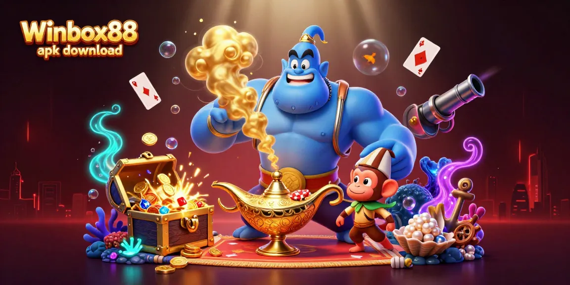 Winbox88 apk download showcases a vibrant genie and magical elements amidst explosive treasures.