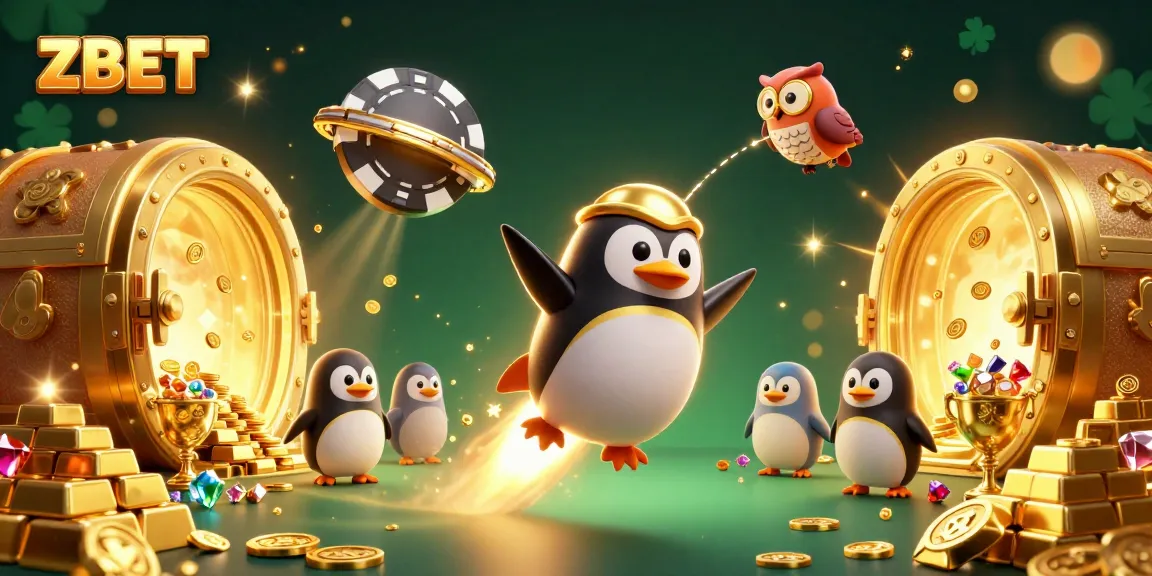 ZBET's rocket penguin flying toward a casino chip station with treasure and jewels.
