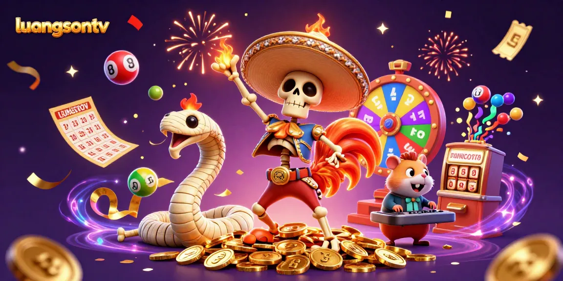 Experience the thrilling energy of luongsontv with vibrant 3D illustration featuring a mariachi rooster among casino elements.